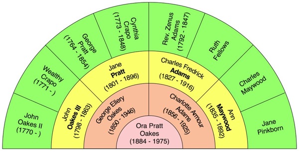 Fan chart showing anscestors of O.P. Oakes